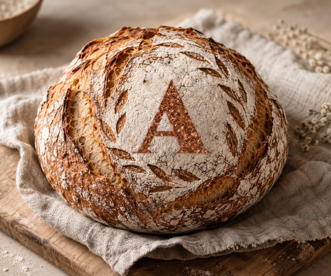 Sauerteigbrot mit der Initiale A und Ährenkranz aus Mehl