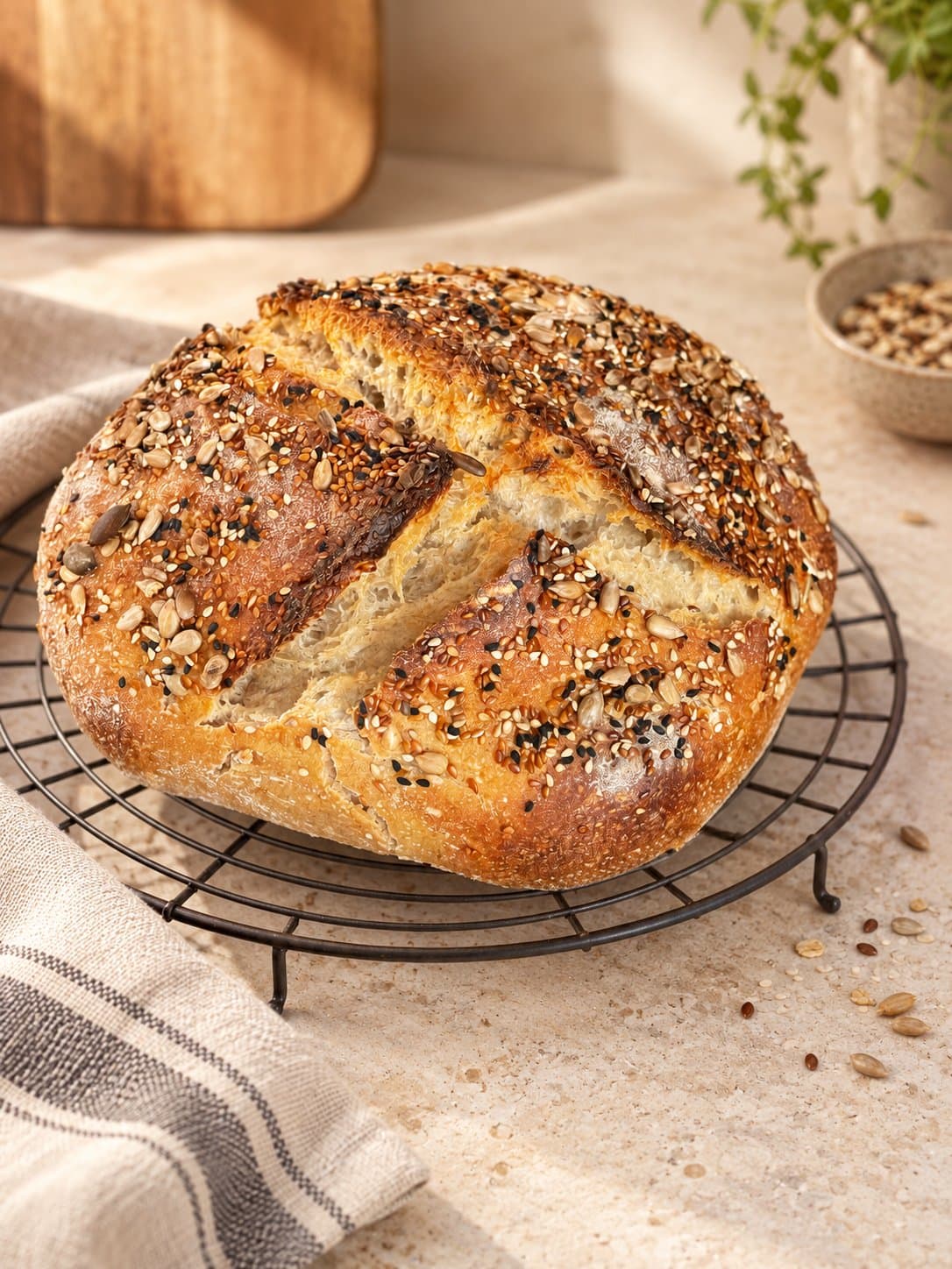 Weizen-Sauerteigbrot mit klassischem Schnitt und Saaten auf der Kruste