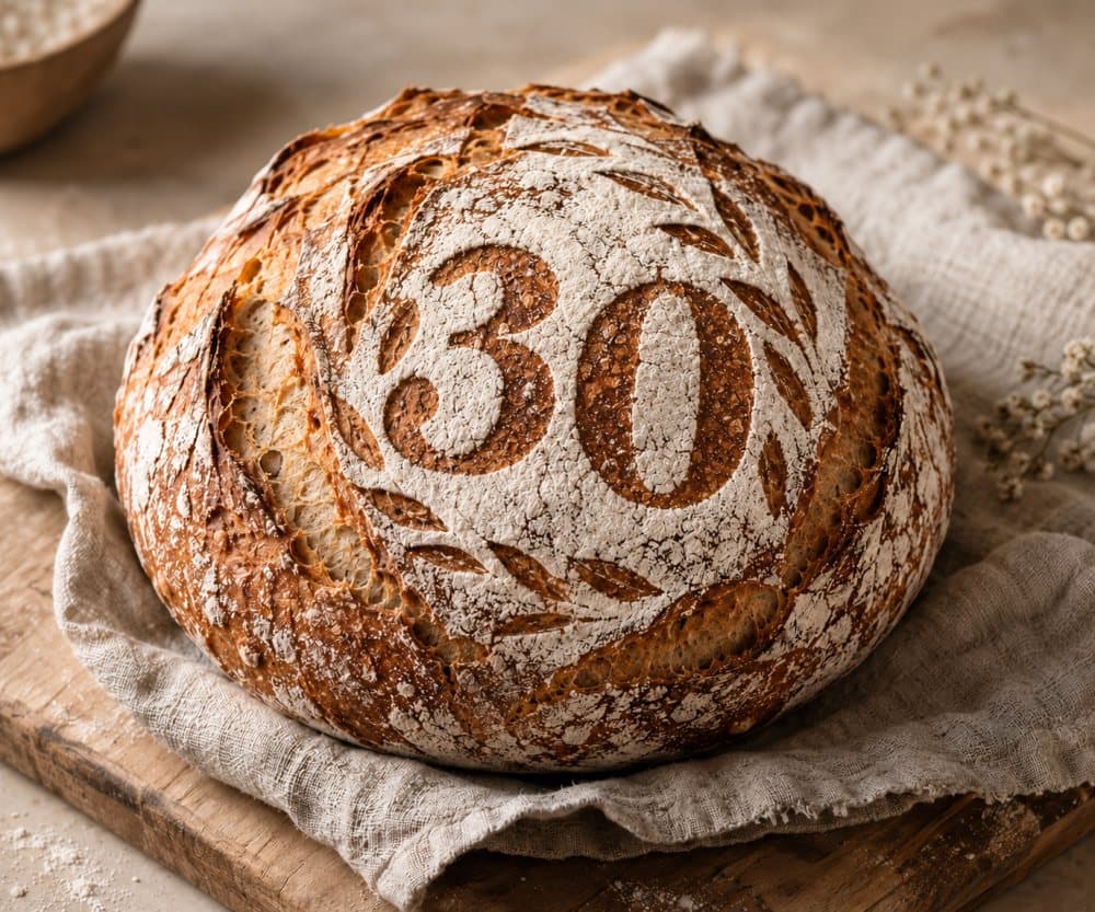 Sauerteigbrot mit der Zahl 30 und Ährenkranz aus Mehl