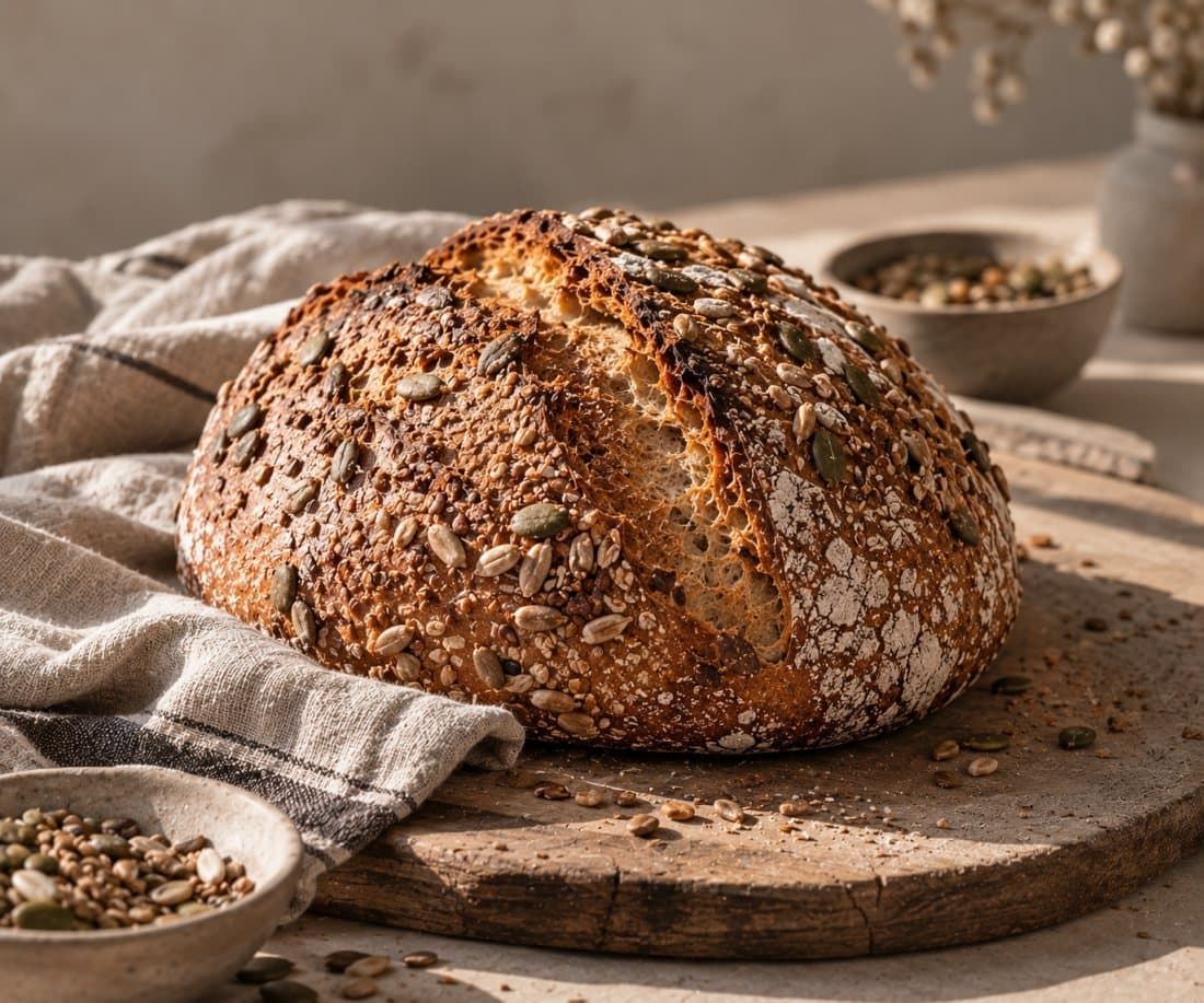 Körner & Saaten: Sauerteigbrot mit Kernen auf der Kruste